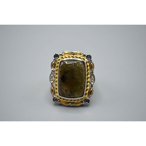 Cocktail Ring Green Stone Sterling Silver 925 NH Vermeil Size 7 Moss Agate? - Picture 2 of 8